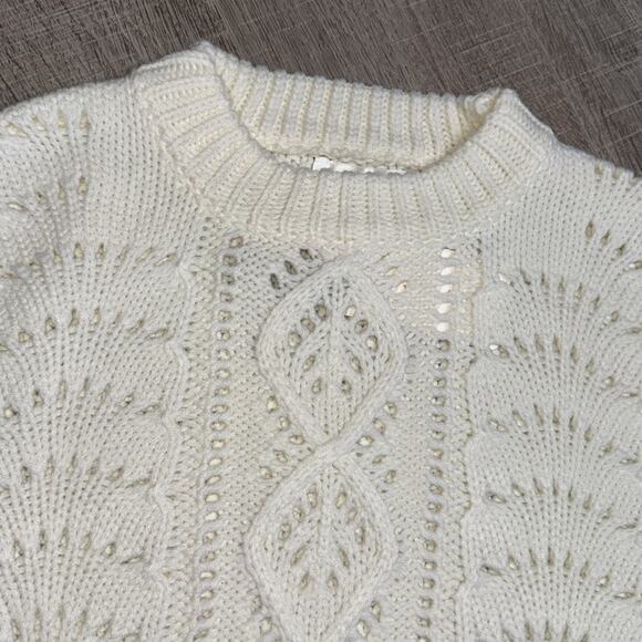 NWT LINE AND DOT Women’s Cream Chunky Cableknit Crew Neck Bubble Sleeve Sweater - Picture 6 of 9